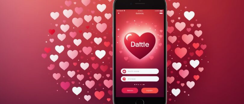 Smartphone affichant une application de rencontre, ambiance romantique rouge et rose