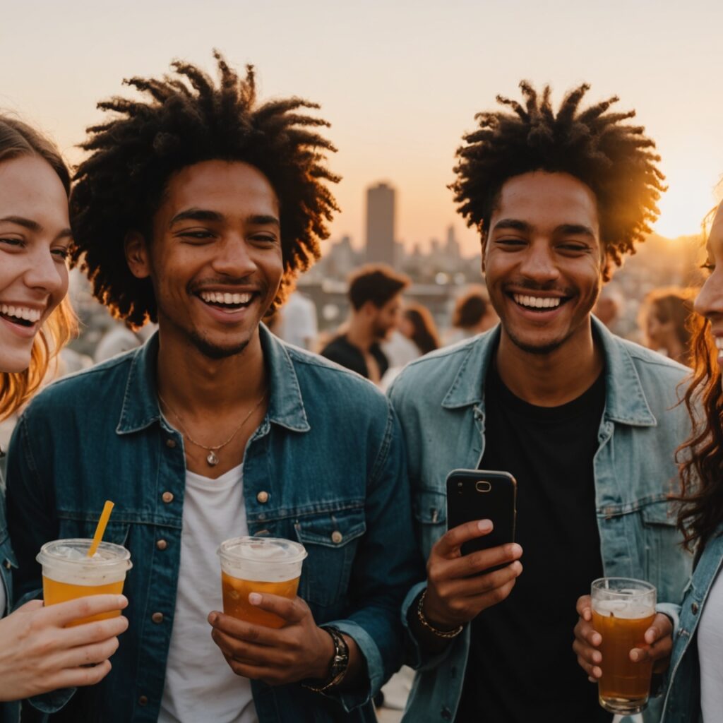 Groupe d'amis souriant lors d'une rencontre sociale conviviale en extérieur