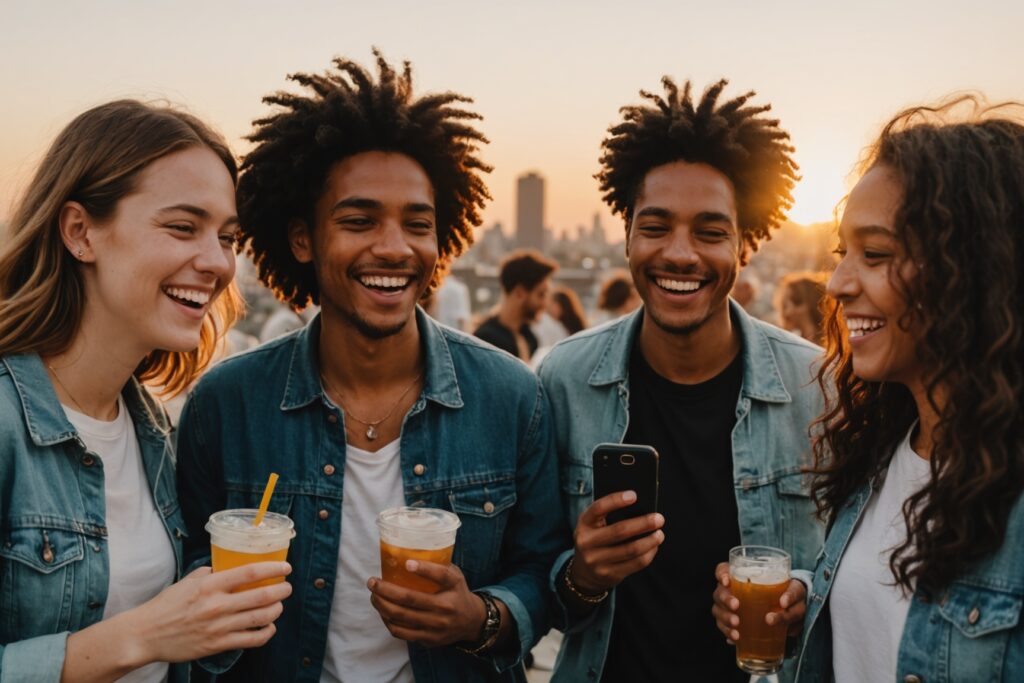 Groupe d'amis souriant lors d'une rencontre sociale conviviale en extérieur