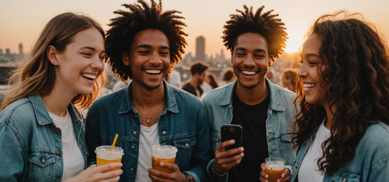 Groupe d'amis souriant lors d'une rencontre sociale conviviale en extérieur