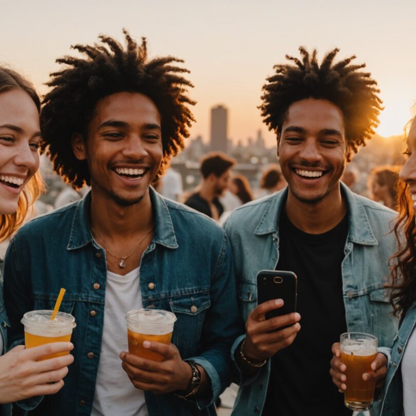 Groupe d'amis souriant lors d'une rencontre sociale conviviale en extérieur